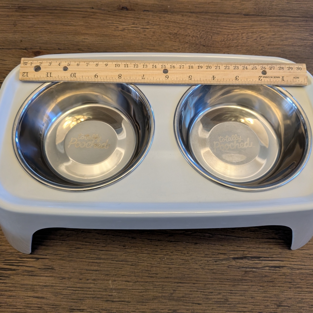 Totally Pooched Double Dog Bowl Set - White and Silver